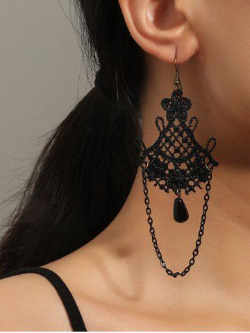 Boucles D'Oreilles Pendantes Motif Fleur Au Crochet et Chaîne en Dentelle - BLACK