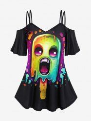 Gothic Cartoon Ghost Face Ice Cream Print Cold Shoulder Cami T-shirt -  