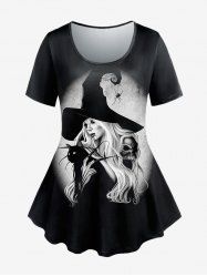 Halloween Plus Size Wizard Spider Skull Cat Print Short Sleeves T-shirt -  