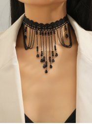 Faux Gem Chain Tassel Lace Necklace -  