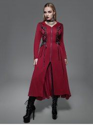 Plus Size Hooded Lace Up Front Zipper High Low Maxi Coat -  