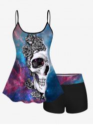 Galaxy Flower Skull Print Boyshorts Tankini Swimsuit -  