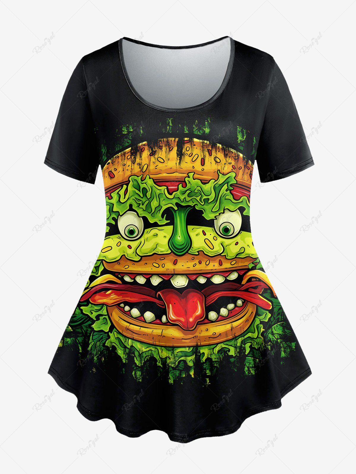 Gothic Ghost Face Hamburger Print Short Sleeves T-shirt Noir 1X