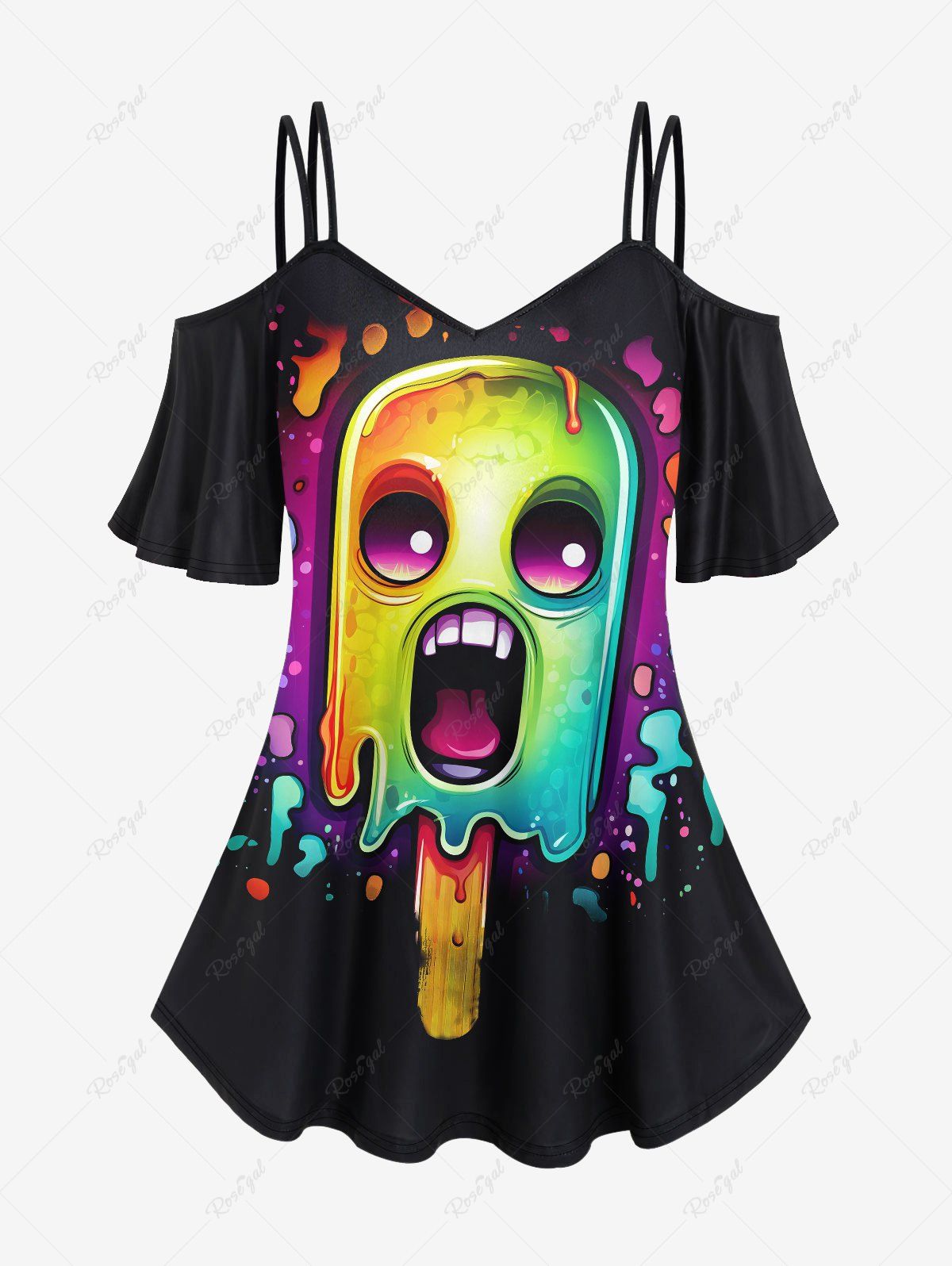 Affordable Gothic Cartoon Ghost Face Ice Cream Print Cold Shoulder Cami T-shirt  