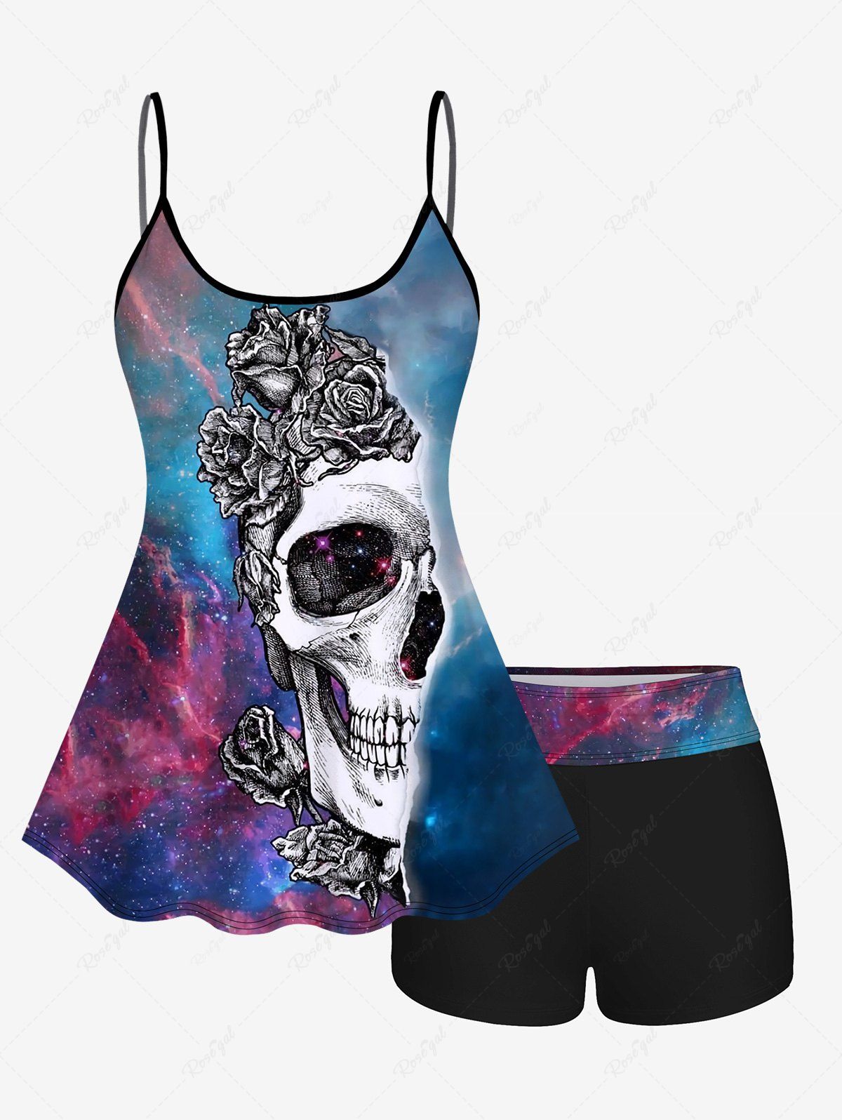 Sale Galaxy Flower Skull Print Boyshorts Tankini Swimsuit  