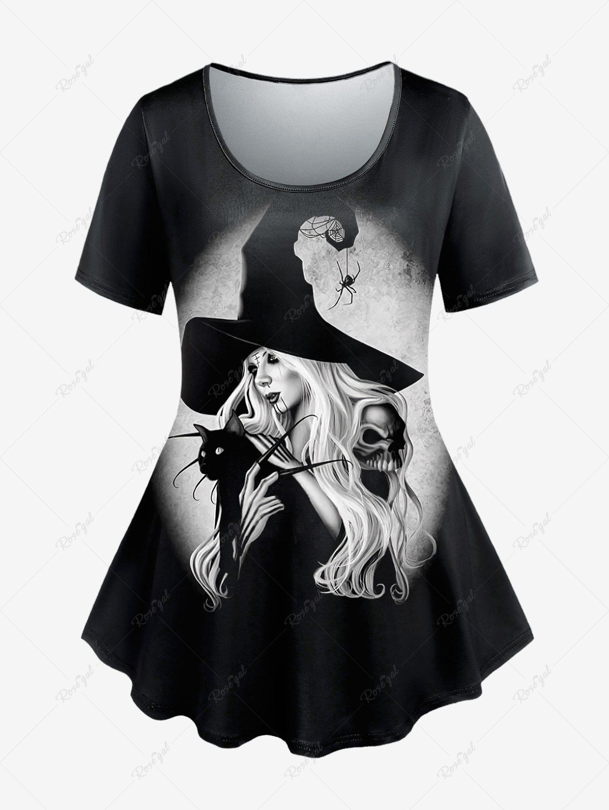 Latest Halloween Plus Size Wizard Spider Skull Cat Print Short Sleeves T-shirt  