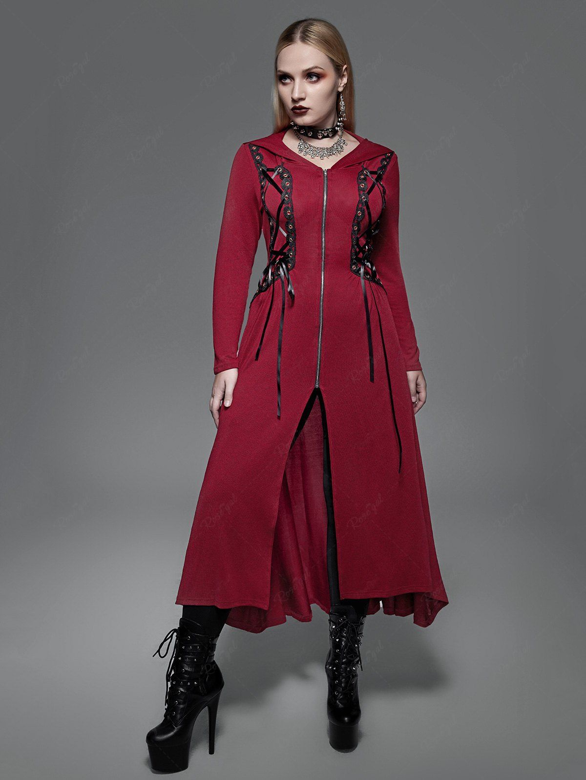 Hot Plus Size Hooded Lace Up Front Zipper High Low Maxi Coat  