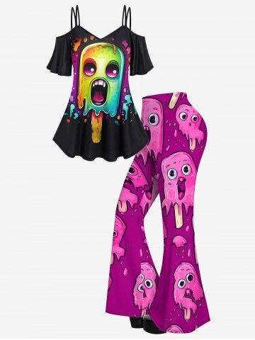 Cartoon Ghost Face Ice Cream Print Cold Shoulder Cami T-shirt And Cartoon Cute Ice Cream Print Flare Pants Gothic Outfit - LIGHT PINK