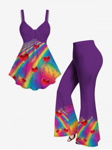 Heart Rainbow Color Print Cinched Cami Top and Flare Pants Plus Size 70s 80s Outfits - PURPLE
