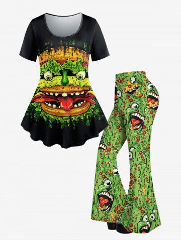 Gothic Ghost Face Hamburger Printed Short Sleeves T-shirt and Flare Pants Outfit - BLACK