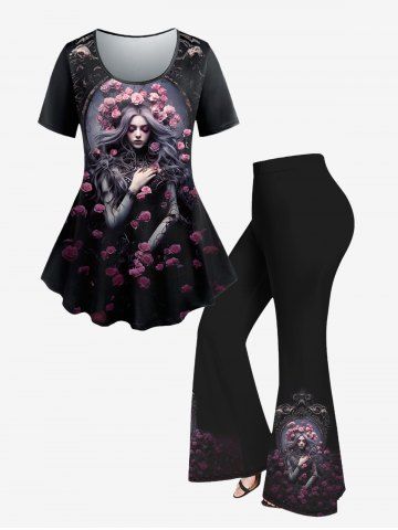 Plus Size Vintage Chair Girl Rose Printed Short Sleeves T-shirt and Flare Pants Outfit