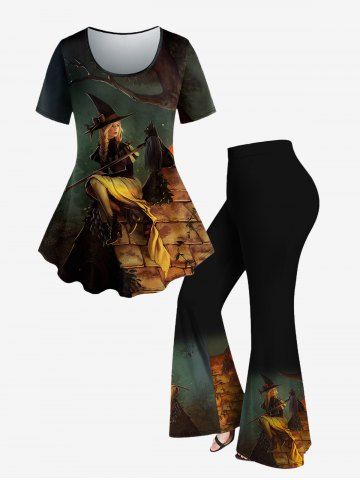 Plus Size Halloween Pumpkin Hat Girl Cat Branch Printed T-shirt and Flare Pants Outfit - Black