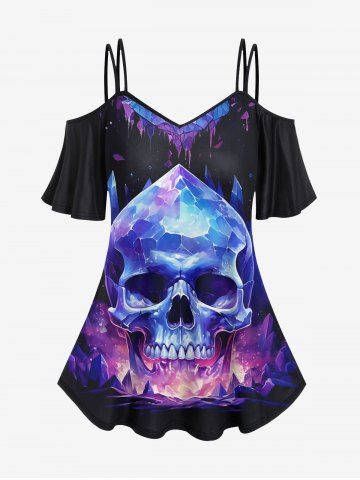 Gothic Skull Mountain Glitter Print Cold Shoulder Cami T-shirt - BLACK - L