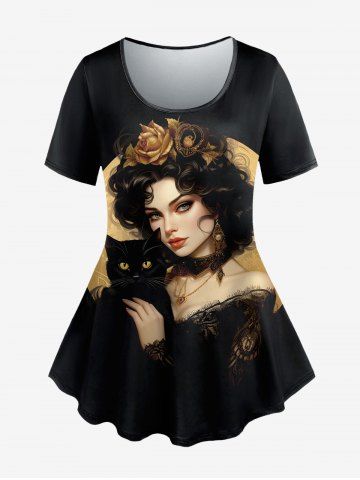 Gothic Woman Flower Cat Print Short Sleeves T-shirt - BLACK - XS