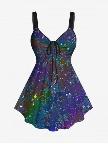 Plus Size Ruched Star Heart Glitter Print Cinched Tank Top - PURPLE - XS