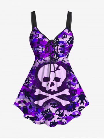 Halloween Plus Size Ruched Skull Ghost Demon Print Cinched Tank Top - PURPLE - XS