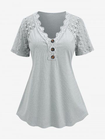 Plus Size Lace Trim Button Textured Hollow Out Sleeves T-shirt - GRAY - XL