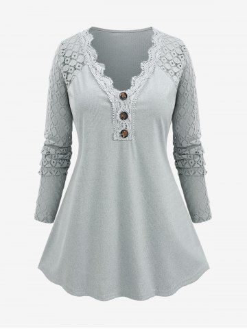 Plus Size Lace Trim Hollow Out Sleeves Button Textured T-shirt - GRAY - XL