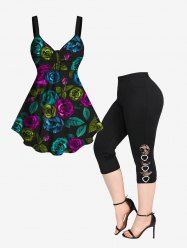 Flower Printed Cinched Tank Top and Floral Lace Hollow Out Heart Buckle Capri Leggings Plus Size Matching Set -  