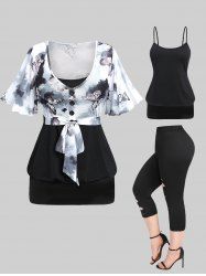 Buckle Cami Top and Ink Painting Butterfly Printed Tie Buttons T-shirt and Cutout Leggings Plus Size Outfit -  