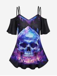 Gothic Skull Mountain Glitter Print Cold Shoulder Cami T-shirt -  