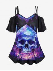 Gothic Skull Mountain Glitter Print Cold Shoulder Cami T-shirt - Noir M