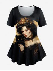 Gothic Woman Flower Cat Print Short Sleeves T-shirt -  