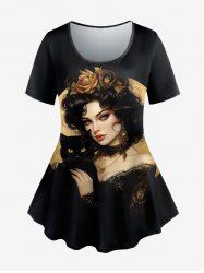 T-shirt Gothique Fleur Chat Imprimé à Manches Courtes - Noir 1X