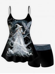 Cat Wizard Eagle Broom Glitter Printed Padded Boyleg Tankini Swimsuit (Adjustable Shoulder Strap) -  