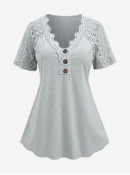 Plus Size Lace Trim Button Textured Hollow Out Sleeves T-shirt -  