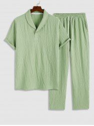 Ensemble de Pantalon Texturé Jambe Droite Manches Courtes à Col Revers avec Poche à Cordon Deux Pièces - Vert clair XXL