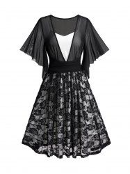 See Thru Mesh Overlay Belted Faux Twinset Mini Dress -  