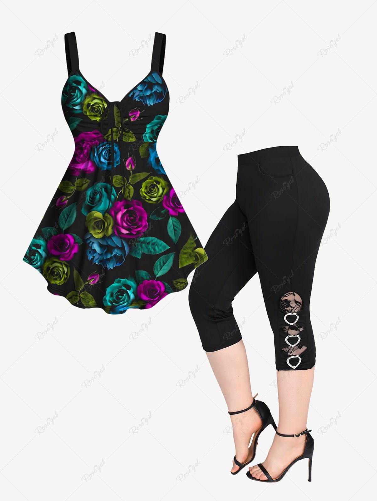 Affordable Flower Printed Cinched Tank Top and Floral Lace Hollow Out Heart Buckle Capri Leggings Plus Size Matching Set  