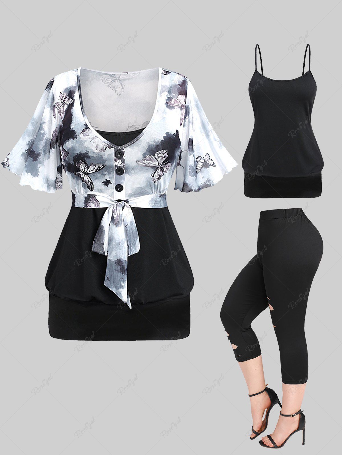 Unique Buckle Cami Top and Ink Painting Butterfly Printed Tie Buttons T-shirt and Cutout Leggings Plus Size Outfit  
