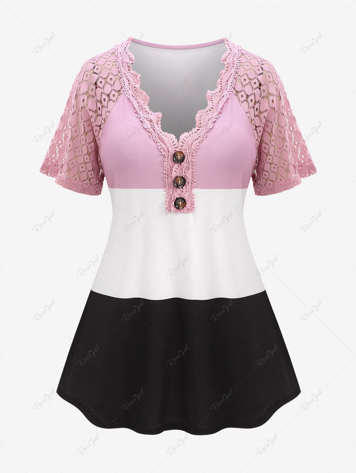 Outfits Plus Size Colorblock Lace Trim Buttons Hollow Out Sleeves T-shirt  