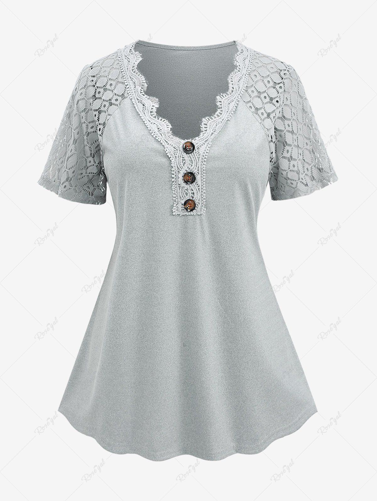 Fancy Plus Size Lace Trim Button Textured Hollow Out Sleeves T-shirt  