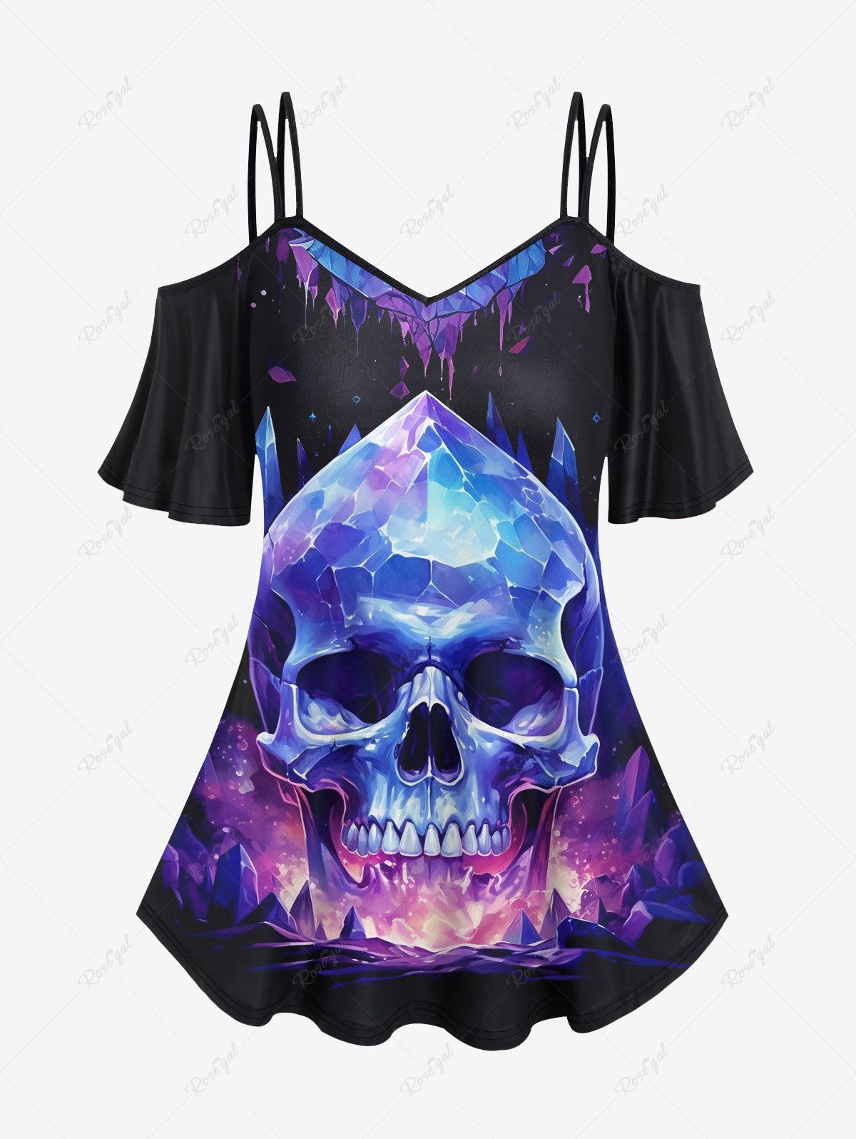 New Gothic Skull Mountain Glitter Print Cold Shoulder Cami T-shirt  