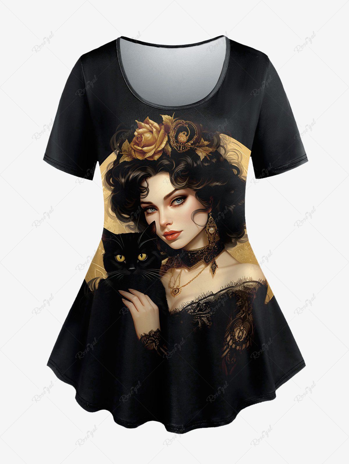 T-shirt Gothique Fleur Chat Imprimé à Manches Courtes Noir 6X