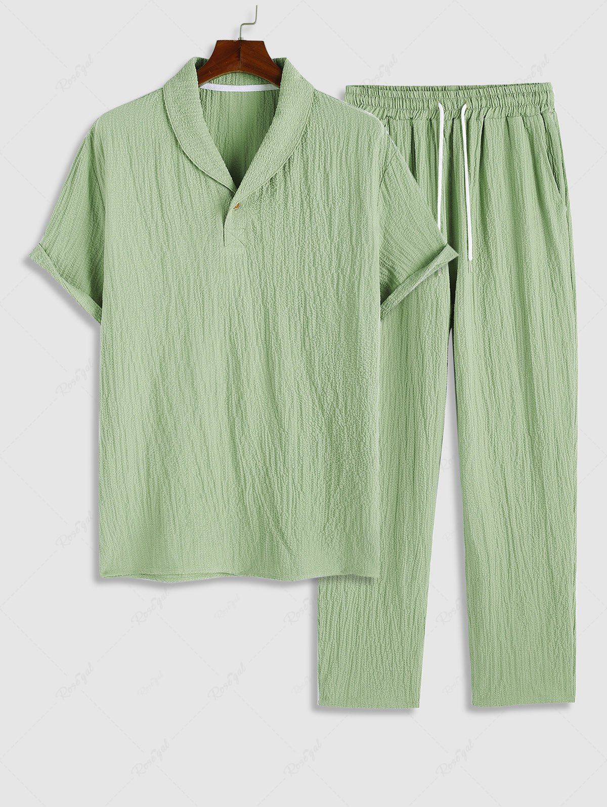 Fancy Lapel Collar Buttons Short Sleeves Crinkle Textured Popover Shirt Drawstring Pocket Straight Leg Pants Two Piece Set  
