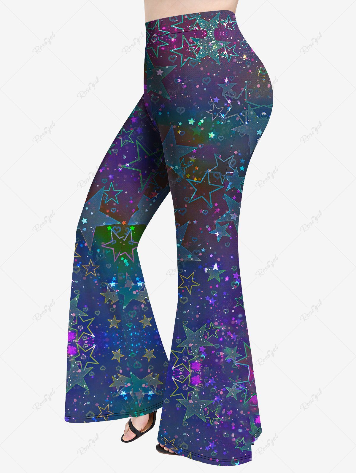 Shop Plus Size Galaxy Star Heart Glitter Print Flare Pants  