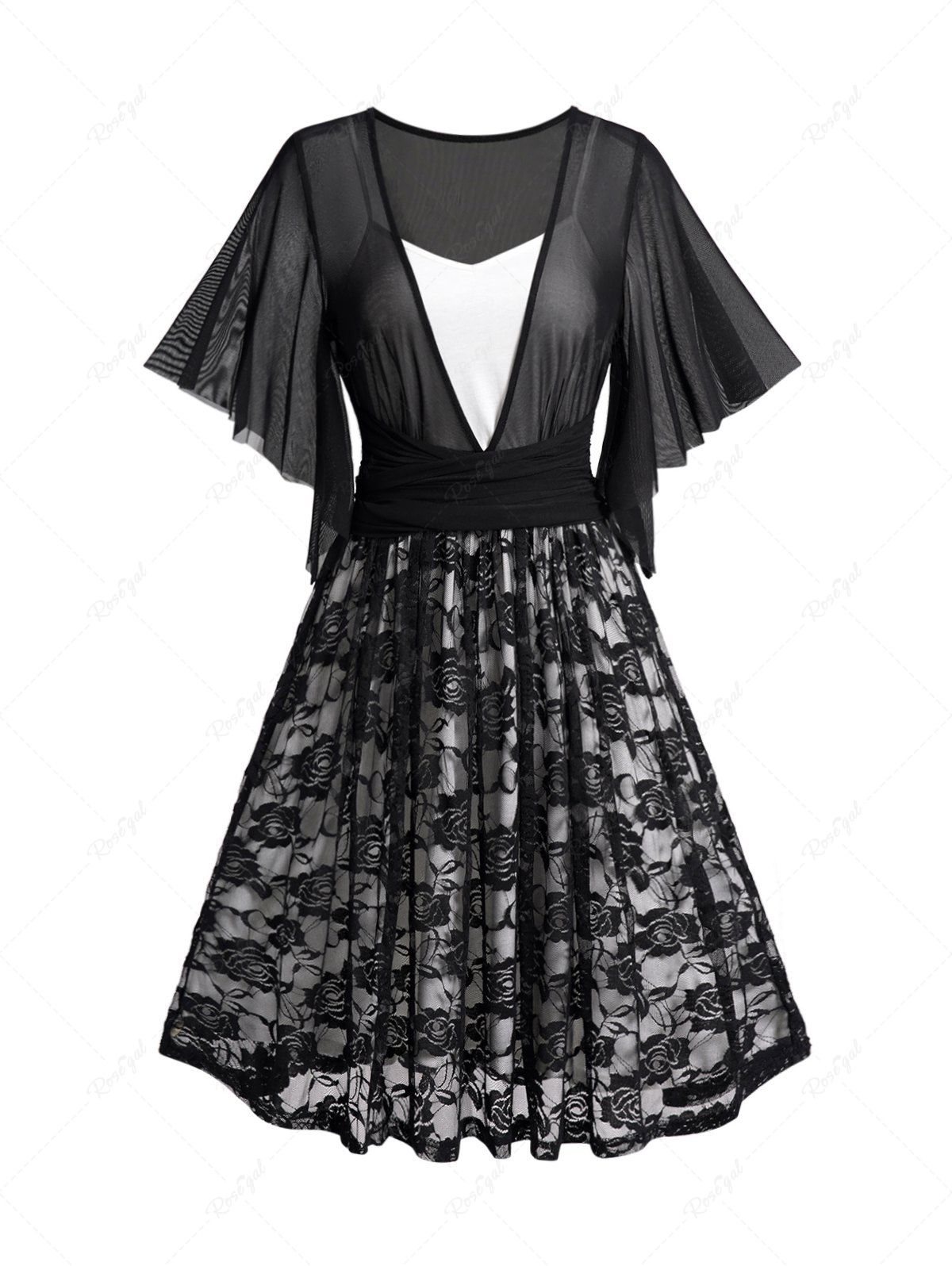 Latest See Thru Mesh Overlay Belted Faux Twinset Mini Dress  