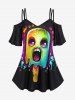 Cartoon Ghost Face Ice Cream Print Cold Shoulder Cami T-shirt And Cartoon Cute Ice Cream Print Flare Pants Gothic Outfit -  