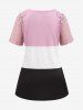 Plus Size Colorblock Lace Trim Buttons Hollow Out Sleeves T-shirt -  