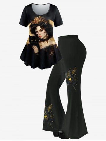 Woman Flower Cat Print Short Sleeves T-shirt And Cat Print Flare Pants Gothic Outfit - BLACK