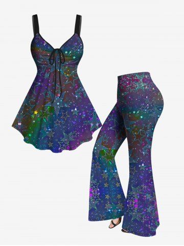 Ruched Star Heart Glitter Printed Cinched Tank Top and Flare Pants Plus Size Disco Outfit - PURPLE