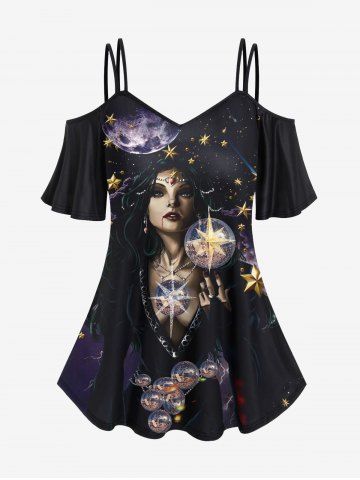 Gothic Wizard Galaxy Moon Star Glitter Print Cold Shoulder Cami T-shirt - BLACK - 4X