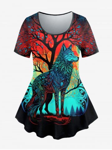 T-shirt Loup Arbre Lune Imprimés de Grande Taille - BLACK - S