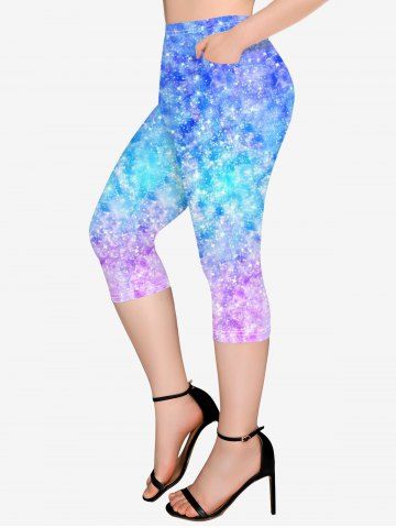 Plus Size Ombre 3D Sparkling Sequin Print Pockets Capri Leggings - BLUE - S