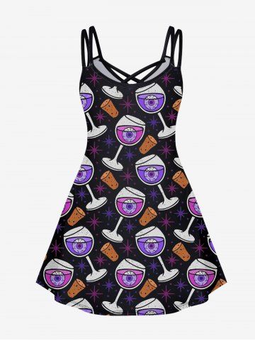 Gothic Wine Glass Eye Star Print Crisscross Cami Dress