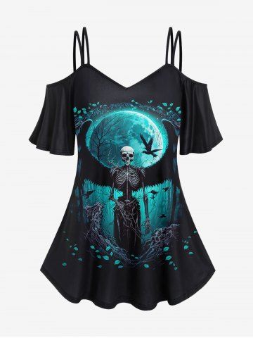 Gothic Skeleton Branch Leaf Moon Glitter Wings Print Cold Shoulder Cami T-shirt - BLACK - 4X